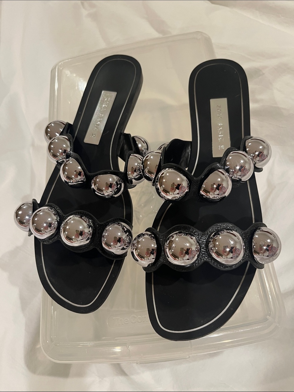 Zara Black Slide Sandals with Silver Orb Details